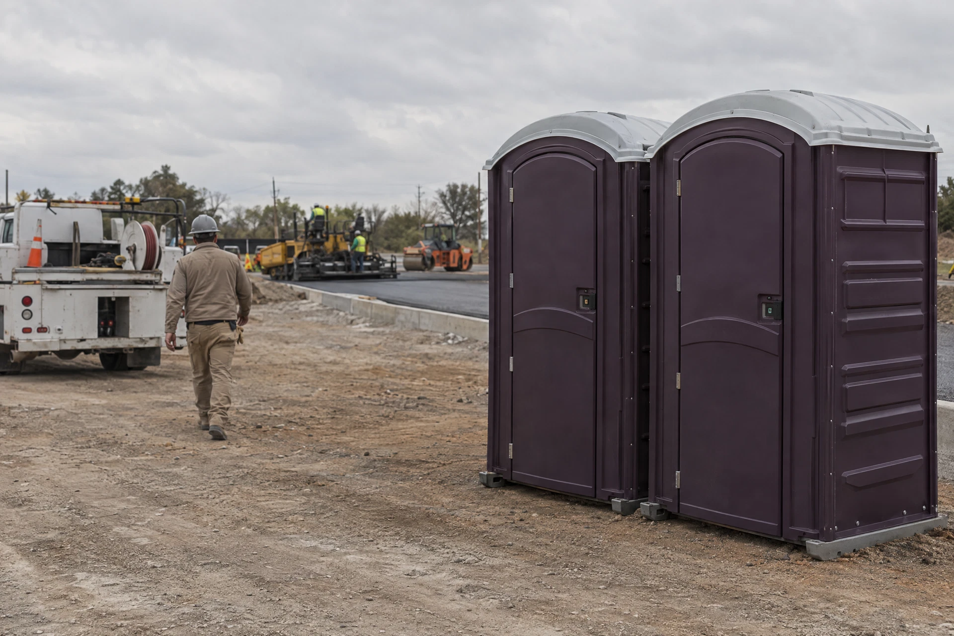 Portable toilets in a road maintenance staging area
